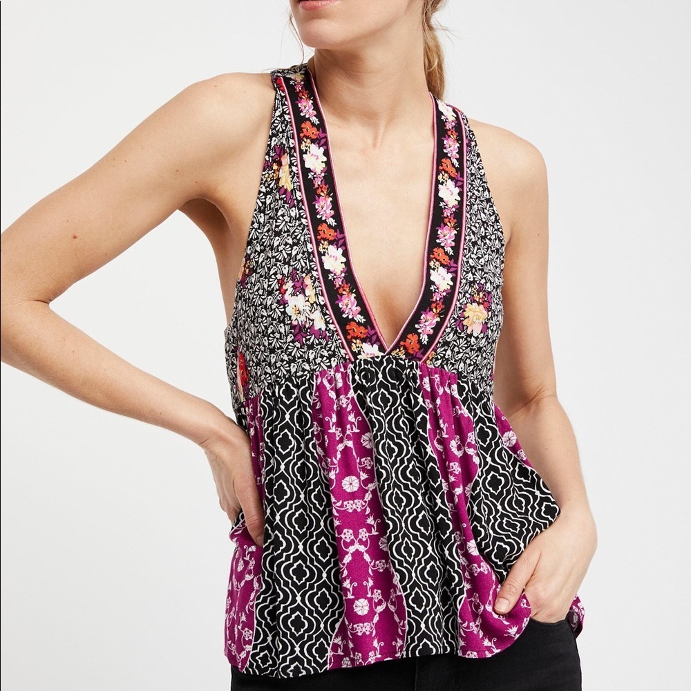 Free People Floral Patchwork Racerback Tank in Black and Magenta